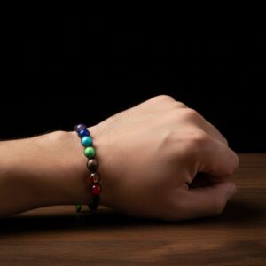 βραχιόλι τσακρα μακραμέ χειροποίητο σε αντρικό χέρι. unisex vuf.gr