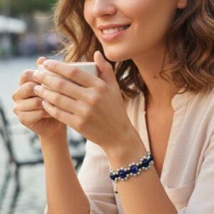 χειροποίητο, μοναδικό βραχιόλι - φυλαχτό με γνήσιο σοδαλίτη και πέρλες σε σχήμα λουλουδιού. Θηλυκότητα και προστασία. vuf.gr